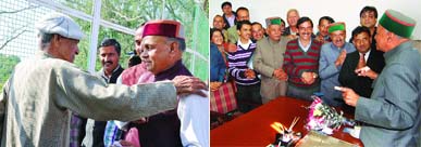 Chief Minister PK Dhumal talks to a supporter at Samirpur on Monday.