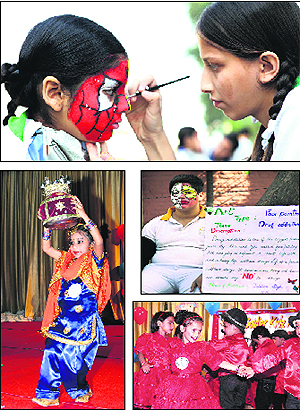 (Clockwise from top) A girl paints the face of her schoolmate at CT Public School. A boy, with a painted face, spreads message against social evils during the face painting competition at CT Public School. Dressed in bright attire, students of 