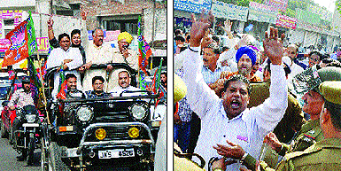 (Left) BJP activists take out a car rally as a mark of protest; (right) government employees protest outside the Exhibition Ground in Jammu on Monday.