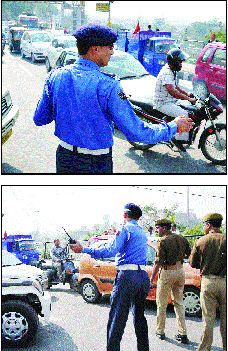 Traffic policemen have a field day in Jammu on Monday. 