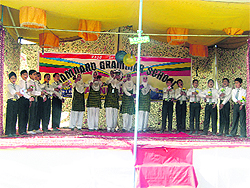 Students perform during the annual day function in Srinagar on Monday. 
