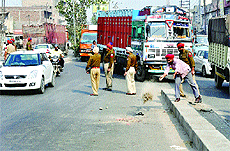 Blood stains being covered with sand at the accident site in Ludhiana on Monday. 