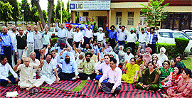 LIC pensioners stage a protest in front of the divisional office of the corporation in Ludhiana on Monday. 