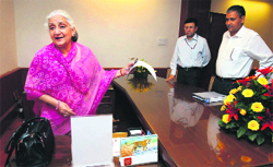 Chandresh Kumari takes charge as the Union Minister of Culture in New Delhi on Monday.  PTI