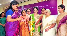 Former chairperson of the National Commission for Women, Dr Girija Vyas (third from right), inaugurates the national workshop at BPS Women University, Khanpur Kalan (Sonepat), on Tuesday.