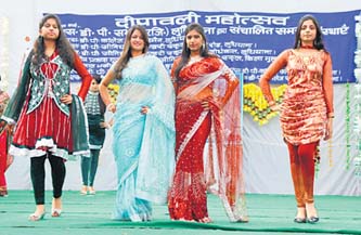 Students take part in a modelling competition at the SDP College for Women in Ludhiana on Tuesday.