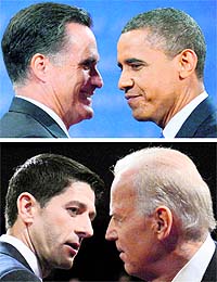 Presidential candidates Barack Obama and @@Republican Mitt Romney; and (below) Joe Biden and Republican @@Paul Ryan vying for the Vice-President's berth
