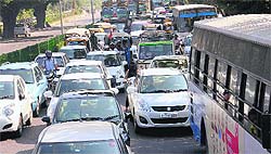 Long queues of vehicles stuck in a traffic jam during the Canadian PM's visit to Chandigarh on Wednesday
