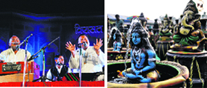 Wadali Brothers perform during Virasat-2012 in Dehradun; and (right) terracota sculptures on display at the festival. Tribune photos