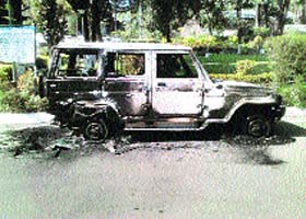 The official vehicle that was set on fire in Palampur on Tuesday night