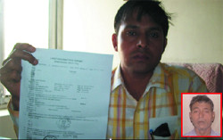 Rajesh Kumar, the son of the slain watchman Charanjit Pal (inset), shows a copy of the FIR lodged in the murder case three years ago, in Bathinda. A Tribune photograph