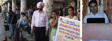 (Left) DIstrict health authorities observed World Cancer Day at various schools in the city by displaying literature warning about the disease; A lecture being delivered at Adesh University to mark the National Cancer Awareness Day. Tribune photographs