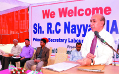 Principal Secretary, Labour Department, RC Nayyar speaks at a camp held to register beneficiaries for the Punjab Building and other Construction Workers' Welfare Board. Photo: Bhupinder Dhillon