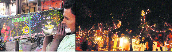 A Kurali-based trader shows a cracker that costs `10,000; and (right) a decked-up market at Sector 19 in Chandigarh. 