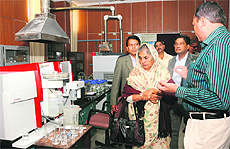 Begum Matia Chowdhury, Minister for Agriculture of Bangladesh, visits a laboratory at the CSSRI in Karnal on Thursday.