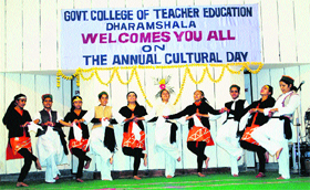 Students present a folk dance during the annual cultural programme at the Government College of Teacher Education in Dharamsala on Thursday. 