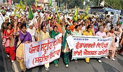 A protest march being taken out in Bathinda on Friday