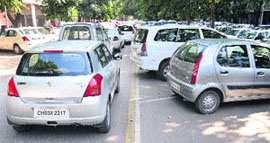 Vehicles parked on the yellow line zone, which is reserved for fire tenders, in Sector 17, Chandigarh.