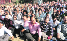 Employees of the Public Health Engineering Department, Reasi, hold a protest in Katra on Friday.