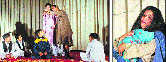 Scenes from the series of plays depicting the travails of the people of the Valley staged at SP College Auditorium in Srinagar on Thursday. 