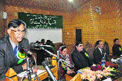 A speaker at a two-day national seminar on Iqbal and Glory of Man organised by the Iqbal Institute of Culture and Philosophy, University of Kashmir, in Srinagar on Friday. 