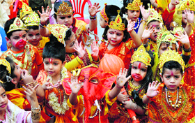 Students of St Xavier’s Playway school dressed as Goddess Lakshmi, Ganeshji and other mythological characters during the Divali celebrations in Ludhiana on Friday.