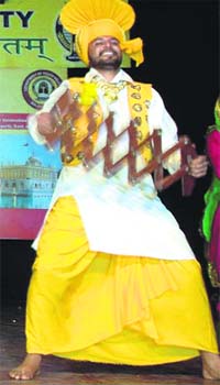 A student presents folk dance at the 28th North Zone Inter-University Youth Festival at GNDU in Amritsar