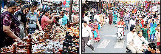 People making purchases ahead of the festival of lights at a make-shift vend in a city market on Saturday; the main Dhobi Bazaar has been decked up to welcome shoppers during the festive season.