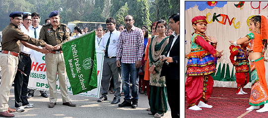 ASP Patil Ketan Baliram flags off an anti-cracker cycle march by the students of Delhi Public School to create awareness about the pollution caused by fire-crackers; students of the junior wing of DPS perform at a function organised on Saturday.