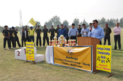The prize distribution ceremony in progress after the conclusion of the Ambuja cricket league in Bathinda.