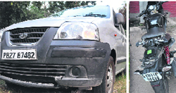 The car and the motorcycle that were involved in the accident on Saturday. Tribune photo: Parvesh Chauhan