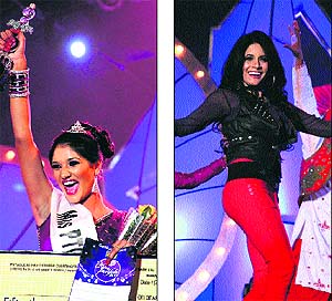 Manpreet Kaur, who has been chosen Miss PTC Punjaban; and (right) Punjabi singer Miss Pooja performs during the finale of Miss PTC Punjabi in Jalandhar on Friday