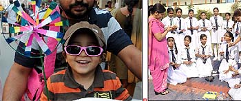 A view of the Dhobi Bazaar that is witnessing a great rush of shoppers for Divali; a trader makes a sales pitch for his gift packets; students of St. Kabir Senior Secondary School take part in diya (earthen lamp) making competition; a child donning sunglasses beams with joy as he returns home after buying the toy of his choice, a wind wheel (charkhi)