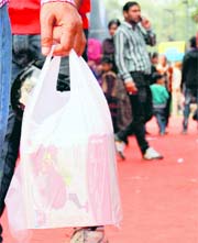 Polythene bags being used at the CII fair on Sunday despite having been banned by the Chandigarh Administration.