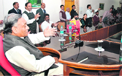 Chief Minister Vijay Bahuguna meets students of the National Institute of Visually Handicapped in Dehradun on Sunday. 