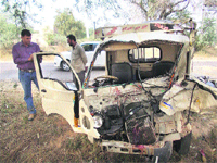 The mangled remains of the Tata Ace, which collided with a truck near Jandli in Fatehabad on Sunday. 