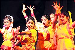 Students of MGN Public School, Urban Estate, Phase II, Jalandhar; and (bottom) Saffron Public School, Phagwara, perform dances during the annual functions of their schools
