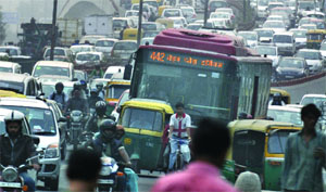 Heavy Traffic Jam on Ring Road near Safdarjang Hospital, in New Delhi on Monday.