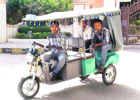 Eco-friendly battery driven auto-rickshaws during test drive in Sirsa