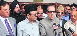 JKPCC chief Saifuddin Soz addresses mediapersons after a meeting of the NC-Congress Coordination Committee in Jammu on Monday