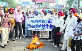 Protesters burn an effigy of vulgarity" to protest against a programme at Bhai Bala Chowk on Monday.