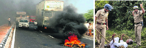 Swabhimani Shetkari Sanghatana activists burn tyres to block the road after the police arrested their leader MP Raju Shetti in Pune on Monday; police charge a party activists during a protest.  PTI