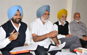 Members of the Association for Democratic Rights, an NGO, addressing media persons at the Teachers Home in Bathinda on Wednesday