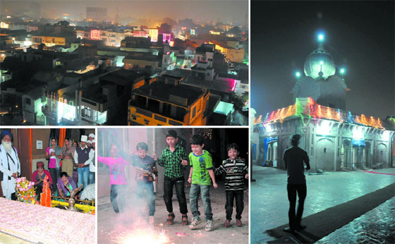(Clockwise from above) A birds eyeview of the city from the historic Qila Mubarak on Divali night; the gurudwara at the Qila Mubarak brightly illuminated on Tuesday night; children burst crackers in Mehna Chowk area; the faithful pay obeisance at the Qila Gurudwara on the Festival of Lights.