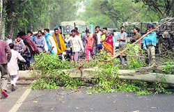 Villagers block traffic near Belarkha village of Jind district on Wednesday in protest against a villagers death in an accident. Photo: Manoj Dhaka