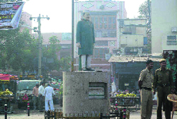 The ungarlanded statue of the late Pt JawaharLal Nehru, the first Prime Minister of India, at Devi Lal Chowk in Jind on Wednesday. Photo: Dilbagh Singh