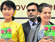 Myanmar's pro-democracy icon Aung San Suu Kyi with Congress president Sonia Gandhi after the release of a book during Jawaharlal Nehru Memorial Lecture in New Delhi on Wednesday. Tribune photo: Mukesh Aggarwal