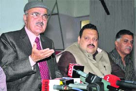 National Conference leader Mustafa Kamaal addresses a press conference in Jammu on Wednesday