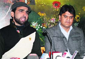 Members of the All Jammu and Kashmir Panch Sarpanch United Forum talk to mediapersons in Srinagar on Wednesday