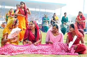 Girls take part in a cultural function held to mark the inauguration of the 58th Punjab School Games at the sports stadium in Bathinda on Thursday